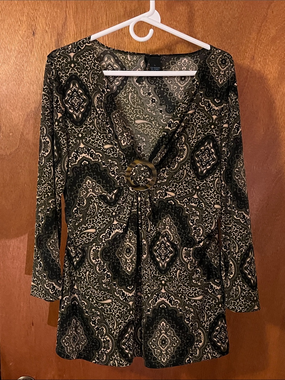 Saint Tropez West Olive and Black Patterned V-Neck Tunic with Front Ring